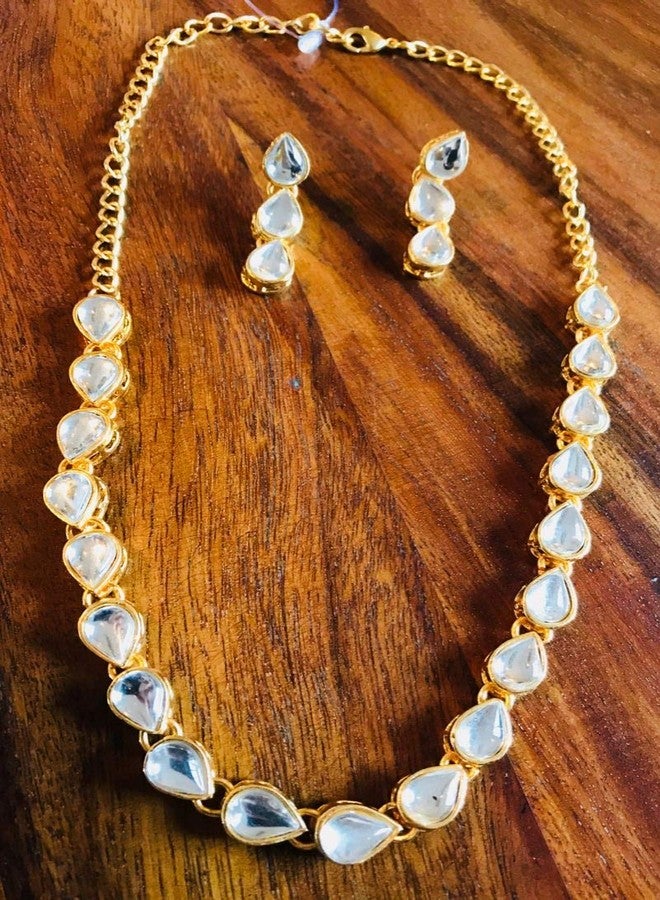 Touchstone Contemporary Kundan Collection Indian Bollywood Traditional Mughal Kundan polki Look Neutral Bridal Designer Jewelry Single line Necklace Set for Women in Gold Tone - Image 4