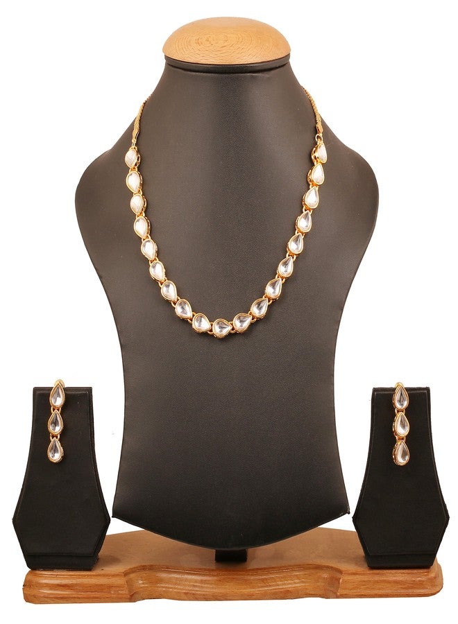Touchstone Contemporary Kundan Collection Indian Bollywood Traditional Mughal Kundan polki Look Neutral Bridal Designer Jewelry Single line Necklace Set for Women in Gold Tone - Image 2