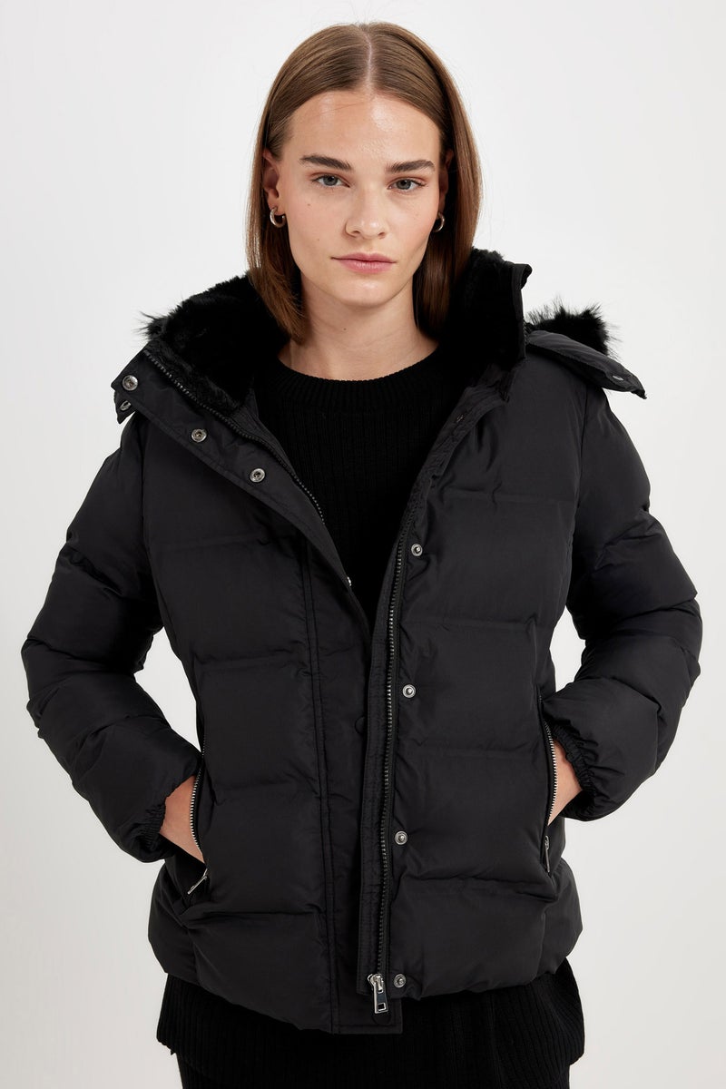 DeFacto Black Woman Waterproof Hooded Zipper Snap Closure Puffer Jacket Casual - Image 1