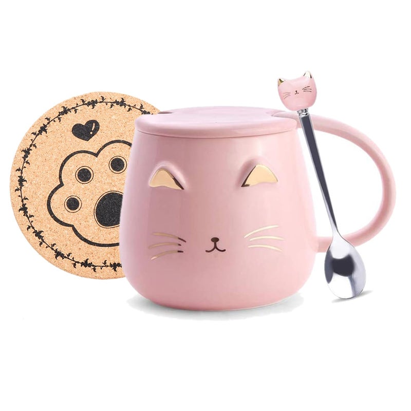 XinHuiGY Pink Ceramic Coffee mug Cute Cat Handmade Tea Cups with Stainless Steel Spoon Kitty Cup Unique Hot chocolate Novelty mugs Christmas Birthday for Girls Women Pink