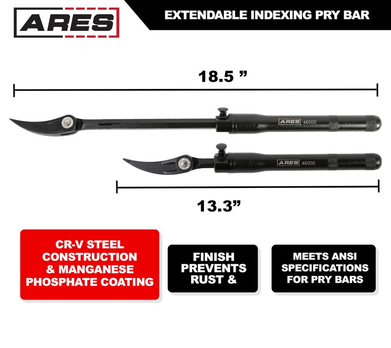 ARES 46000-13.3-Inch to 18.5-Inch Pry Bar - Indexable Bar, Extendable Reach - 14-Position Adjustable Angle Head - Chrome Vanadium Steel - Image 2