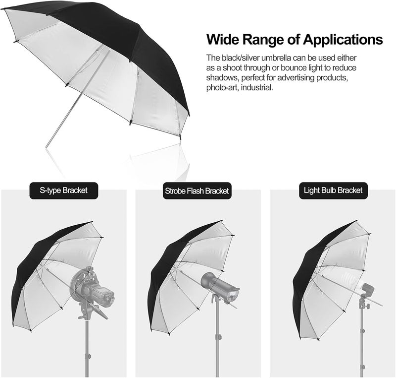 EMART 2 Pack 33inch Professional Photography Studio Photo Lighting Flash Reflective Black/Silver Umbrella - Image 5