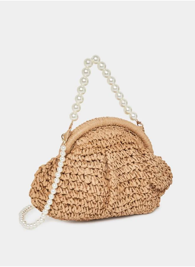 Styli Faux Pearl Detail Raffia Bag