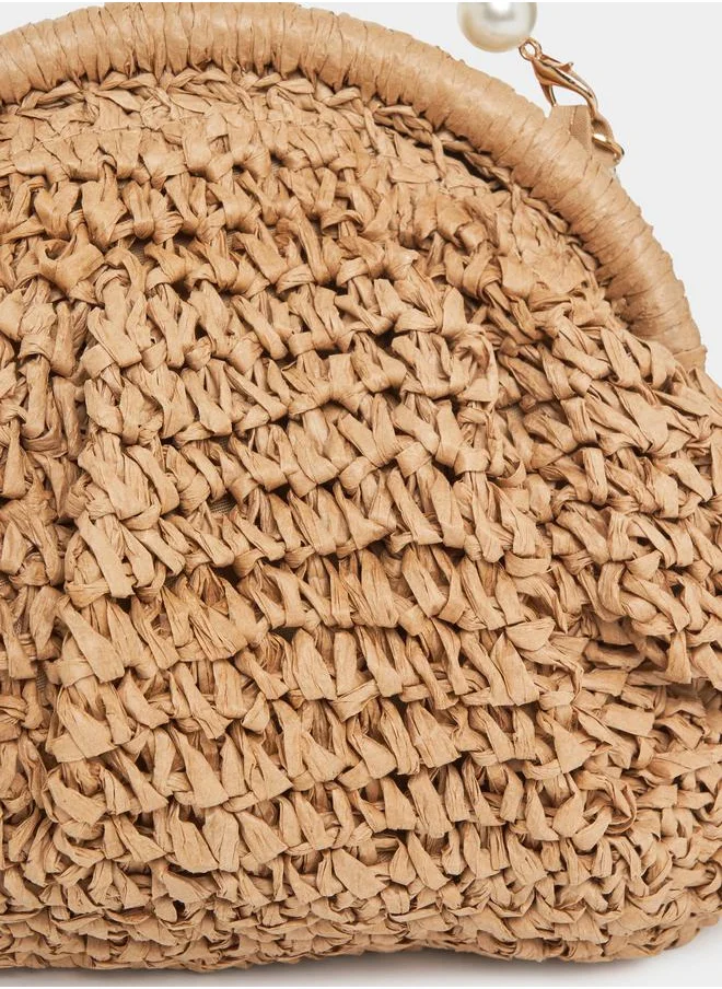 Styli Faux Pearl Detail Raffia Bag