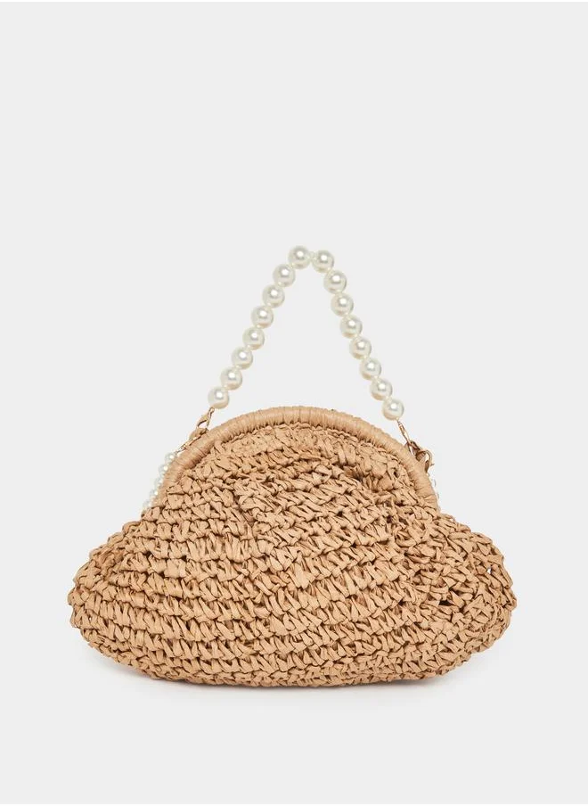 Styli Faux Pearl Detail Raffia Bag