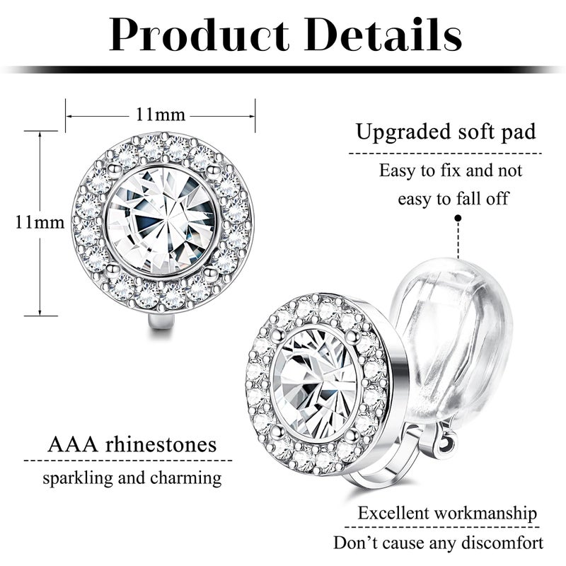Thunaraz Elegant Clip on Earrings for Women Crystal Teardrop Wedding Earrings Clip on Rhinestone Formal Chandelier Dangle Earrings for Brides Bridesmaids Silver Round - Image 2