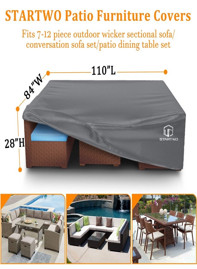 STARTWO Patio Furniture Covers Waterproof, Anti-UV Tear-Resistant 500D Heavy Duty 7-12 Seats Outdoor Furniture Cover for Sectional Sofa and Table Chairs, 110"x84"x28", Grey - Image 2
