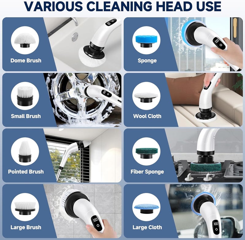 KASTWAVE Cordless Electric Spin Scrubber, Cleaning Brush Scrubber for Home, 380RPM/Mins-9 Replaceable Brush Heads-90Mins Work Time, 3 Adjustable Size, 2 Speeds for Bathroom, Bathtub, Glass, Car, Floor, Tile - Image 5