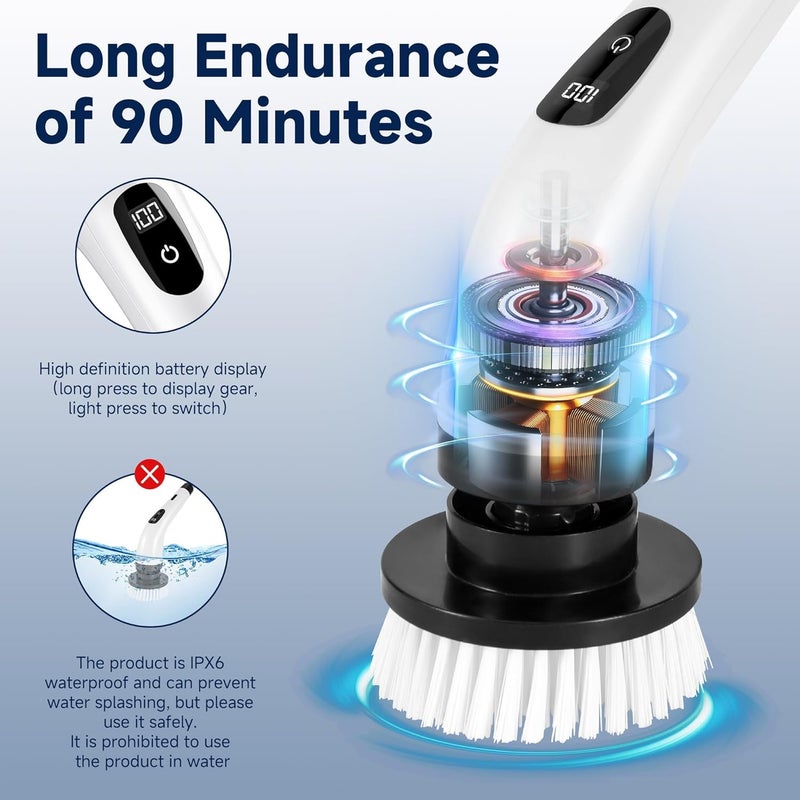 KASTWAVE Cordless Electric Spin Scrubber, Cleaning Brush Scrubber for Home, 380RPM/Mins-9 Replaceable Brush Heads-90Mins Work Time, 3 Adjustable Size, 2 Speeds for Bathroom, Bathtub, Glass, Car, Floor, Tile - Image 4