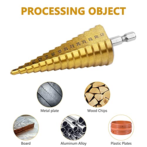 PRECIHW 15 Sizes Step Drill Bit, 4mm-32mm (3/16" to 1-1/4") Titanium Coated Multi Step Drill Bits for Sheet Metal Hole Drilling, HSS Multi Size Unibit Drill Bits for Metal, Aluminium and Wood - Image 4