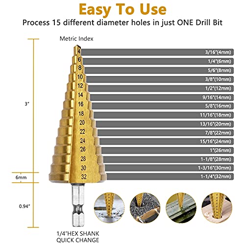 PRECIHW 15 Sizes Step Drill Bit, 4mm-32mm (3/16" to 1-1/4") Titanium Coated Multi Step Drill Bits for Sheet Metal Hole Drilling, HSS Multi Size Unibit Drill Bits for Metal, Aluminium and Wood - Image 2