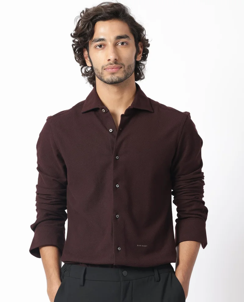 Rare Rabbit Rare Rabbit Men's Venizia Brown Cotton Fabric Full Sleeves Solid Waffle Knit Textured Shirt