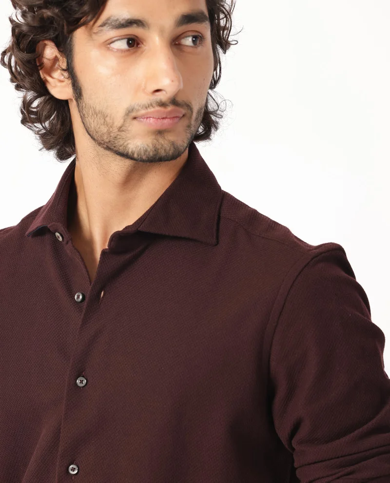 Rare Rabbit Rare Rabbit Men's Venizia Brown Cotton Fabric Full Sleeves Solid Waffle Knit Textured Shirt