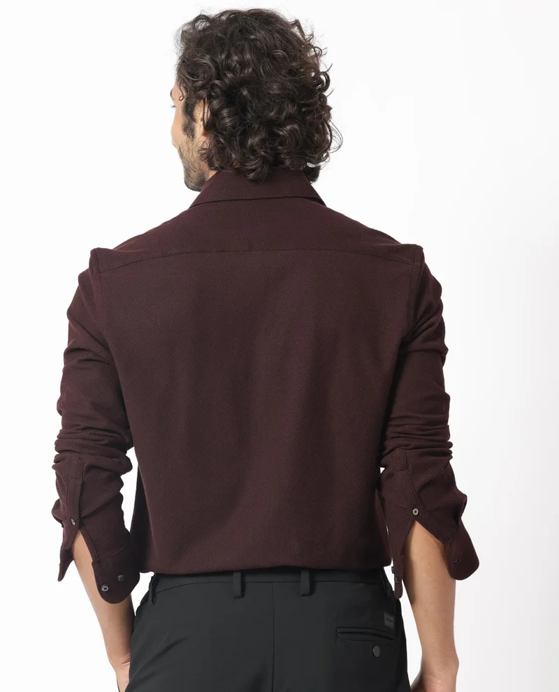 Rare Rabbit Rare Rabbit Men's Venizia Brown Cotton Fabric Full Sleeves Solid Waffle Knit Textured Shirt