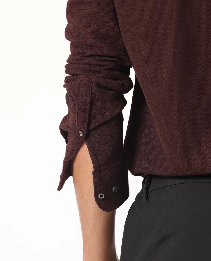 Rare Rabbit Rare Rabbit Men's Venizia Brown Cotton Fabric Full Sleeves Solid Waffle Knit Textured Shirt