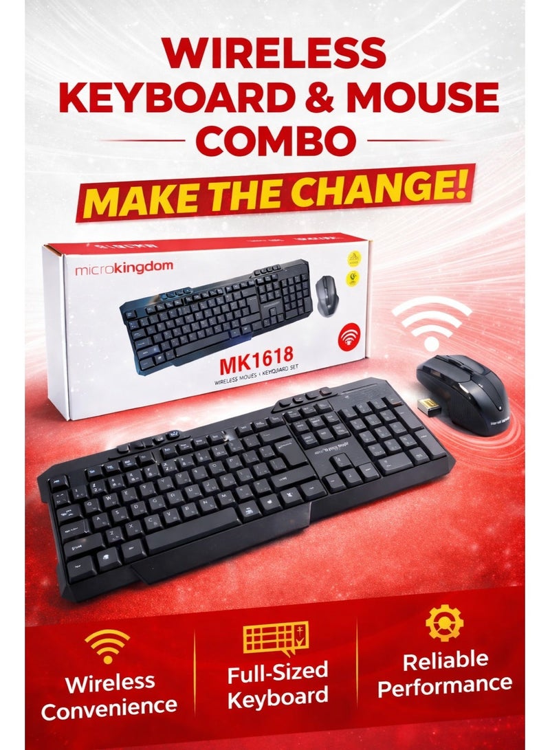 MicroKingdom 2.4GHz Wireless Keyboard Mouse Combo – Arabic/English Dual Language, Silent Typing - Image 1