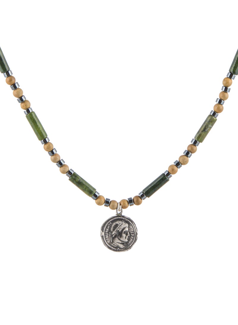 Minza " Caesar " Pure 925 Sterling Silver, Jade Stone, Hematite stone, Sandal Wood, Handmade Necklace for Men, Pendant and Beaded Necklace, 1.800 grams of Silver, Jewelry for Casual & Special Occasion - Image 1
