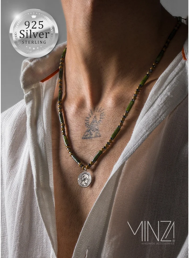 Minza Minza " Caesar " Pure 925 Sterling Silver, Jade Stone, Hematite stone, Sandal Wood, Handmade Necklace for Men, Pendant and Beaded Necklace, 1.800 grams of Silver, Jewelry for Casual & Special Occasion