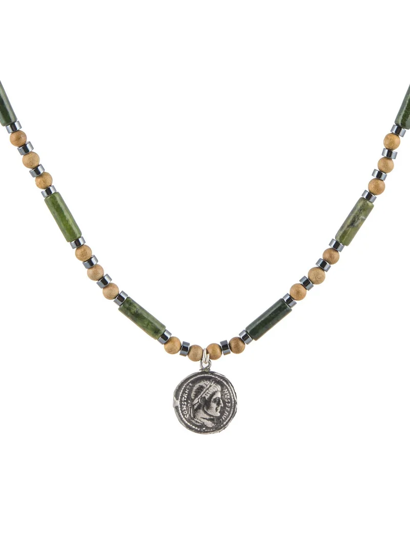 Minza Minza " Caesar " Pure 925 Sterling Silver, Jade Stone, Hematite stone, Sandal Wood, Handmade Necklace for Men, Pendant and Beaded Necklace, 1.800 grams of Silver, Jewelry for Casual & Special Occasion