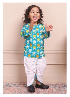 Polka Tots Polka Tots Full Sleeves Lotus Print Angrakha with Dhoti - Blue  - Image 1