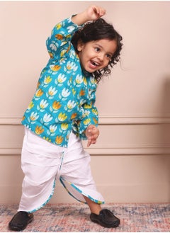 Polka Tots Polka Tots Full Sleeves Lotus Print Angrakha with Dhoti - Blue  - Image 2