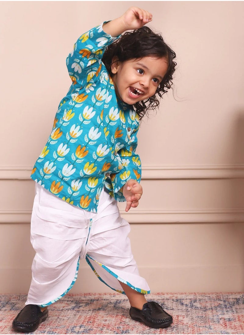 Polka Tots Polka Tots Full Sleeves Lotus Print Angrakha with Dhoti - Blue  - Image 2