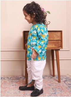 Polka Tots Polka Tots Full Sleeves Lotus Print Angrakha with Dhoti - Blue  - Image 3
