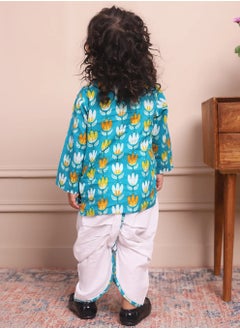 Polka Tots Polka Tots Full Sleeves Lotus Print Angrakha with Dhoti - Blue  - Image 4