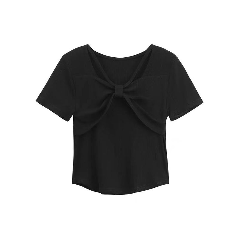Beautiful And Unique Square-Neck Short-Sleeved T-Shirt For Women In Style With Bow Design, Slimming Look And Age-Reducing Top Ins - Image 4