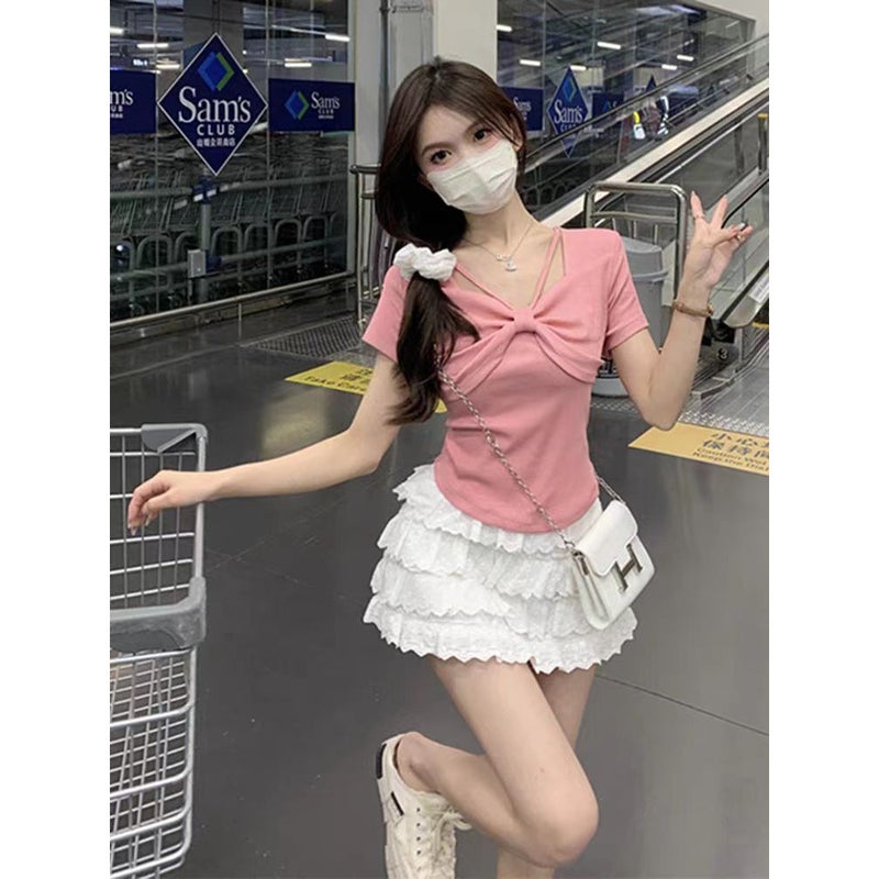 Beautiful And Unique Square-Neck Short-Sleeved T-Shirt For Women In Style With Bow Design, Slimming Look And Age-Reducing Top Ins - Image 3