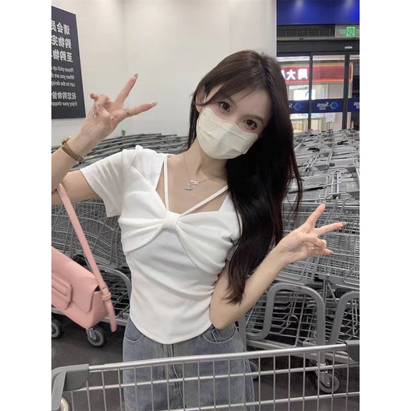 Beautiful And Unique Square-Neck Short-Sleeved T-Shirt For Women In Style With Bow Design, Slimming Look And Age-Reducing Top Ins - Image 2