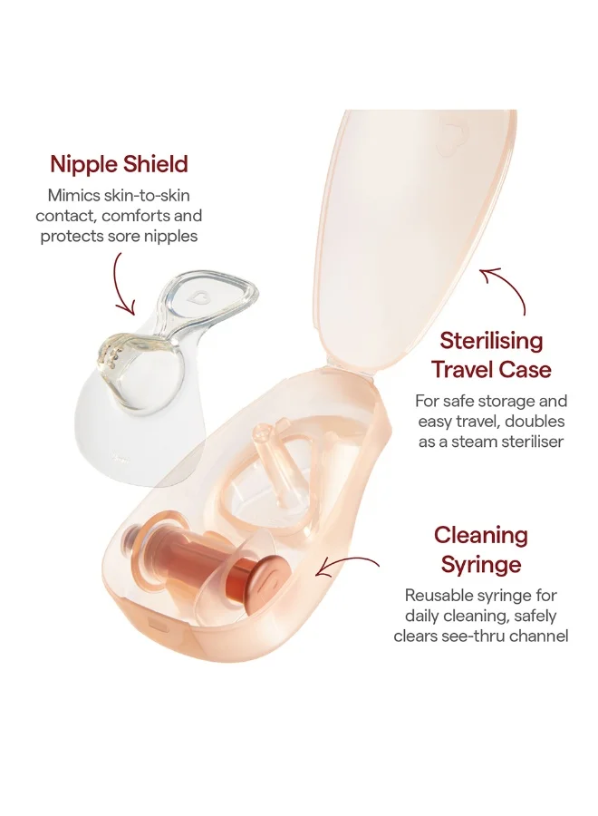 Munchkin Flow Nipple Shield+ Size 24mm – See-Through Milk Flow, Soft Silicone, Travel Sterilizer & Cleaning Kit