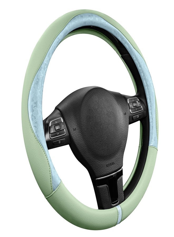 PIC AUTO Steering Wheel Cover, Light Blue Patterned & Green Leather Patchwork Design, Universal Fit 14.5"-15.5", Anti-Slip, Odor-Free, Soft Grain Leather, Durable Grip Car Accessory for Girls & Women - Image 1