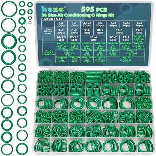 KEZE 595 Pcs Metric and SAE Air Conditioning O Ring Kit,36 Size Seal Rubber O-Rings Assortment Set for Compressor Automotive A/C Plumbing Repair ID:3-22mm (Green) - Image 1