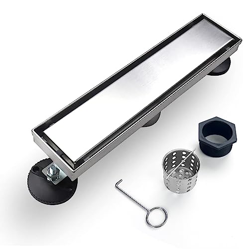 Elefloom Linear Shower Drain, 12 inch Drain with Tile Insert 2-in-1 Panel, Brushed 304 Stainless Steel Shower Floor Drain, Linear Drain with Hair Strainer and Adjustable Feet - Image 1