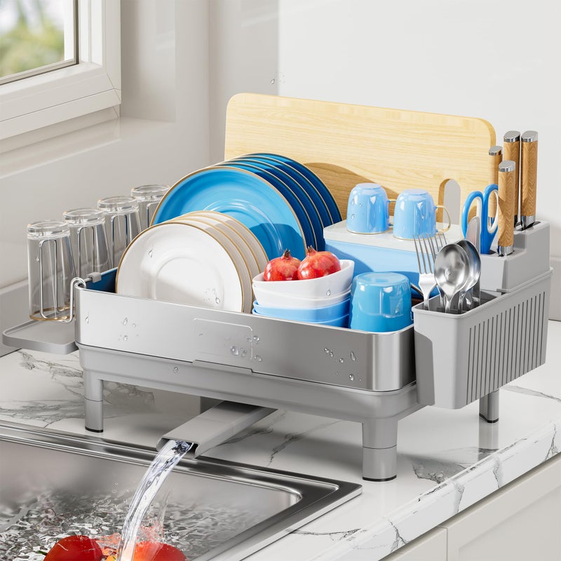 Ewaiira Dish Drying Rack, 304 Stainless Steel Dish Racks for Kitchen Counter, Dish Drainers with Automatic Drainage, Utensil Holder & Cups Holder, Space Saving Kitchen Organizer, Gray - Image 1