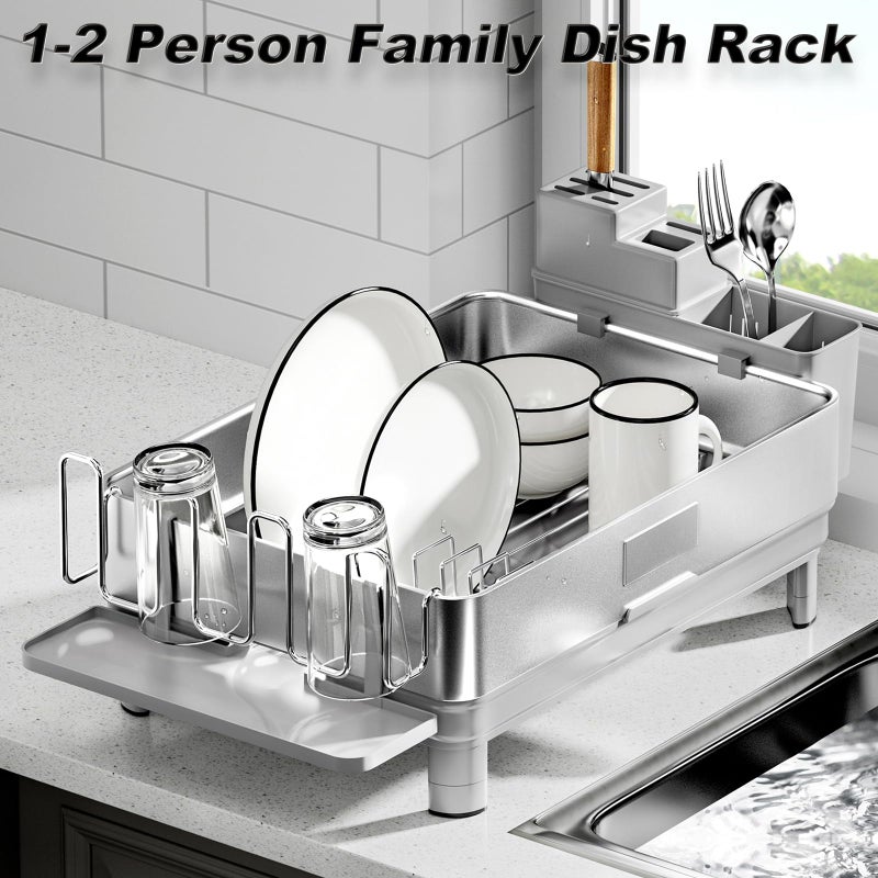 Ewaiira Dish Drying Rack, 304 Stainless Steel Dish Racks for Kitchen Counter, Dish Drainers with Automatic Drainage, Utensil Holder & Cups Holder, Space Saving Kitchen Organizer, Gray - Image 2