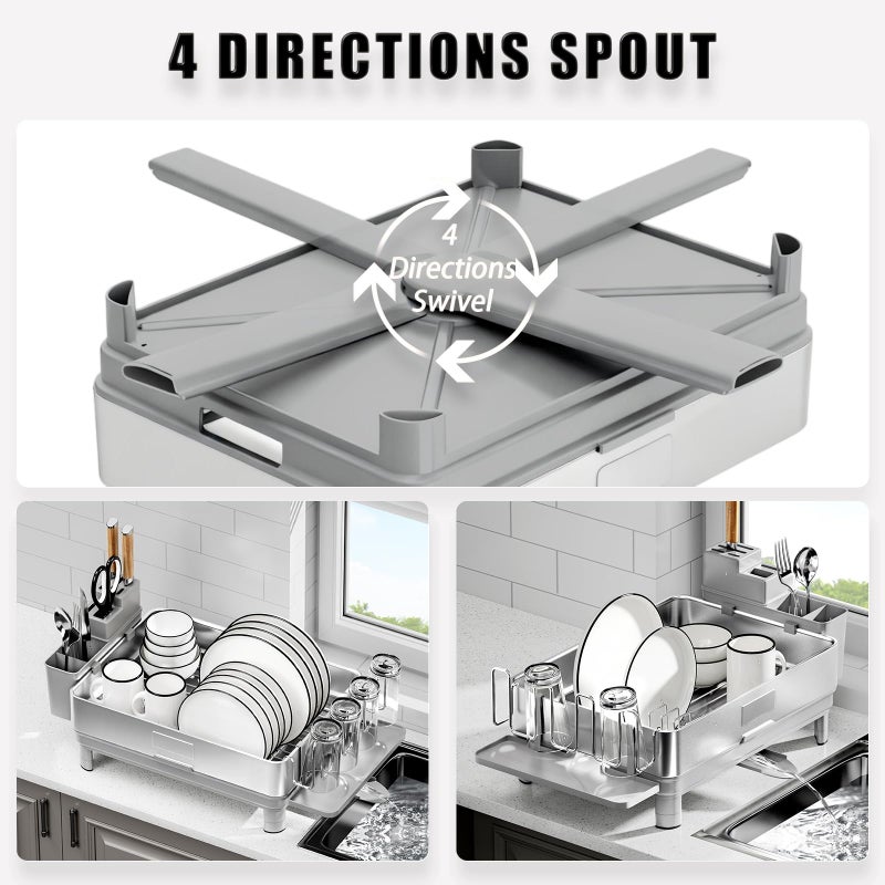 Ewaiira Dish Drying Rack, 304 Stainless Steel Dish Racks for Kitchen Counter, Dish Drainers with Automatic Drainage, Utensil Holder & Cups Holder, Space Saving Kitchen Organizer, Gray - Image 4