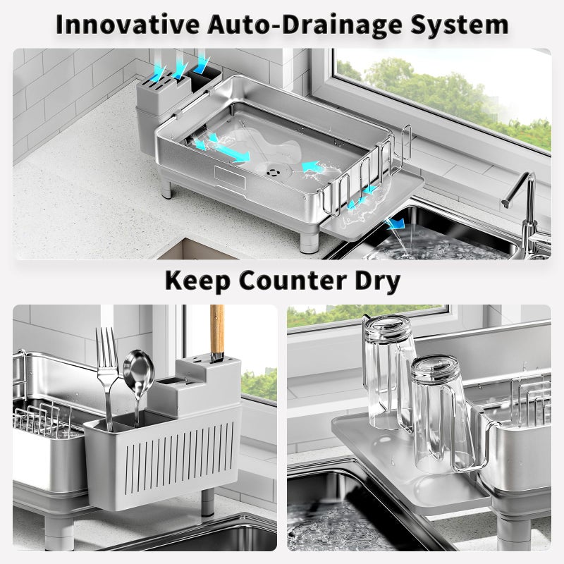 Ewaiira Dish Drying Rack, 304 Stainless Steel Dish Racks for Kitchen Counter, Dish Drainers with Automatic Drainage, Utensil Holder & Cups Holder, Space Saving Kitchen Organizer, Gray - Image 5