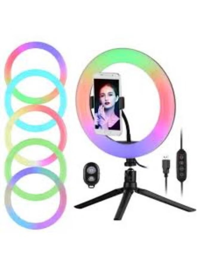 شوبي حلقة إضاءة ناعمة MJ36 RGB LED مع حامل هاتف وحامل ثلاثي القوائم - إضاءة قابلة للتعتيم بزاوية 360 درجة للتدوين بالفيديو، والبكرات، والبث المباشر، والتصوير الفوتوغرافي، والمكياج