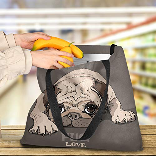 visesunny Women's Large Canvas Tote Shoulder Bag Pug Puppy Cartoon Animal Top Storage Handle Shopping Bag Casual Reusable Tote Bag for Beach,Travel,Groceries,Books - Image 2