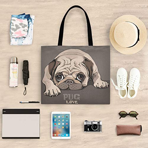 visesunny Women's Large Canvas Tote Shoulder Bag Pug Puppy Cartoon Animal Top Storage Handle Shopping Bag Casual Reusable Tote Bag for Beach,Travel,Groceries,Books - Image 3