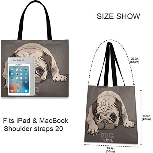 visesunny Women's Large Canvas Tote Shoulder Bag Pug Puppy Cartoon Animal Top Storage Handle Shopping Bag Casual Reusable Tote Bag for Beach,Travel,Groceries,Books - Image 4
