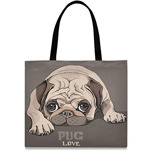 visesunny Women's Large Canvas Tote Shoulder Bag Pug Puppy Cartoon Animal Top Storage Handle Shopping Bag Casual Reusable Tote Bag for Beach,Travel,Groceries,Books - Image 1