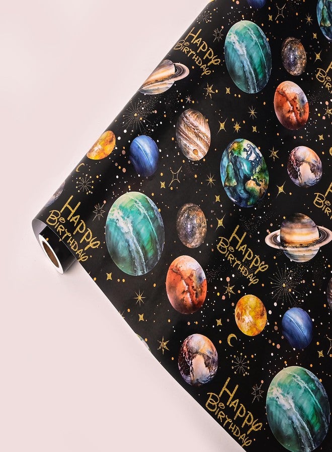 Vnaaem Space Wrapping Paper Roll for Boys Girls Kids - Solar System Planets & Happy Birthday Galaxy Gift Wrap for Kid's Birthday Baby Shower Holiday Craft DIY Party - 17 in x 20 ft(Total 28.5sq.ft) - Image 2