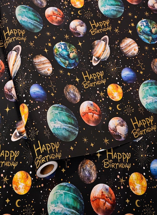 Vnaaem Space Wrapping Paper Roll for Boys Girls Kids - Solar System Planets & Happy Birthday Galaxy Gift Wrap for Kid's Birthday Baby Shower Holiday Craft DIY Party - 17 in x 20 ft(Total 28.5sq.ft) - Image 1