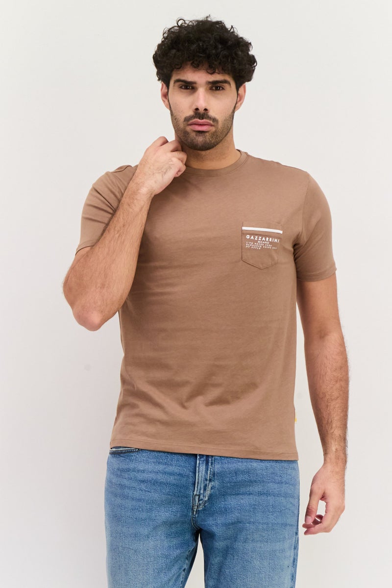 Gazzarrini Men Round Neck Graphic Print Short Sleeves T-shirt, Tan - Image 1