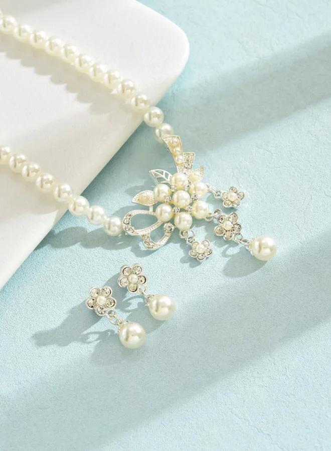 Take Two  Take Two Embellished Lucky Clover Pendant Faux Pearl Necklace and Earrings Jewelry Set for Women | Best Price UAE