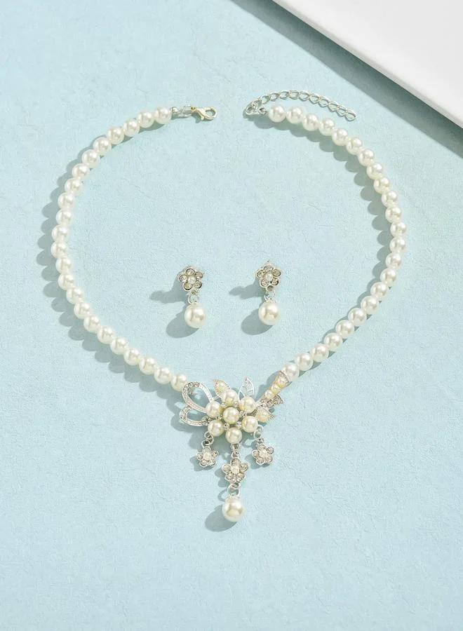 Take Two  Take Two Embellished Lucky Clover Pendant Faux Pearl Necklace and Earrings Jewelry Set for Women | Best Price UAE