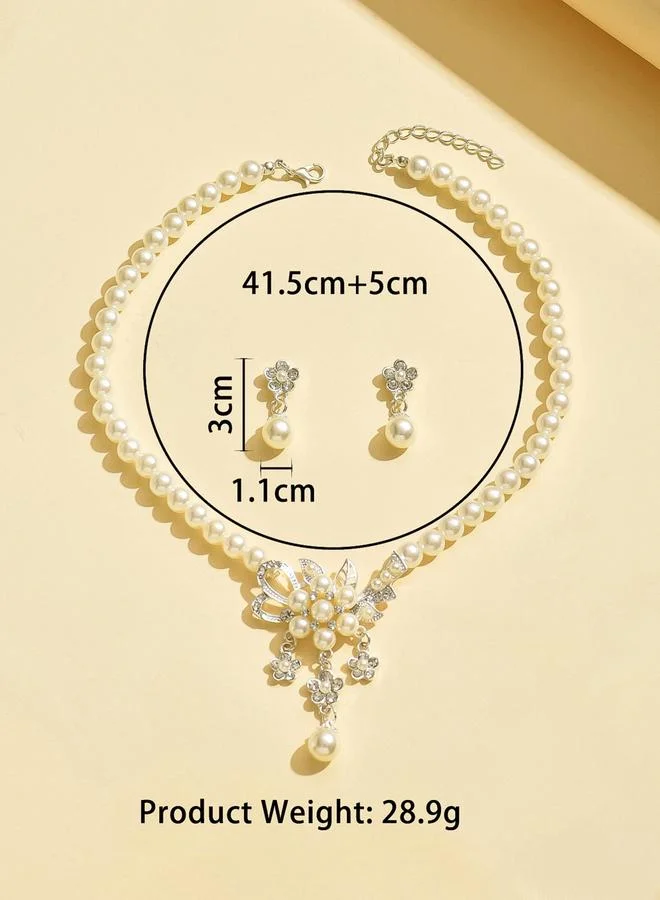 Take Two  Take Two Embellished Lucky Clover Pendant Faux Pearl Necklace and Earrings Jewelry Set for Women | Best Price UAE